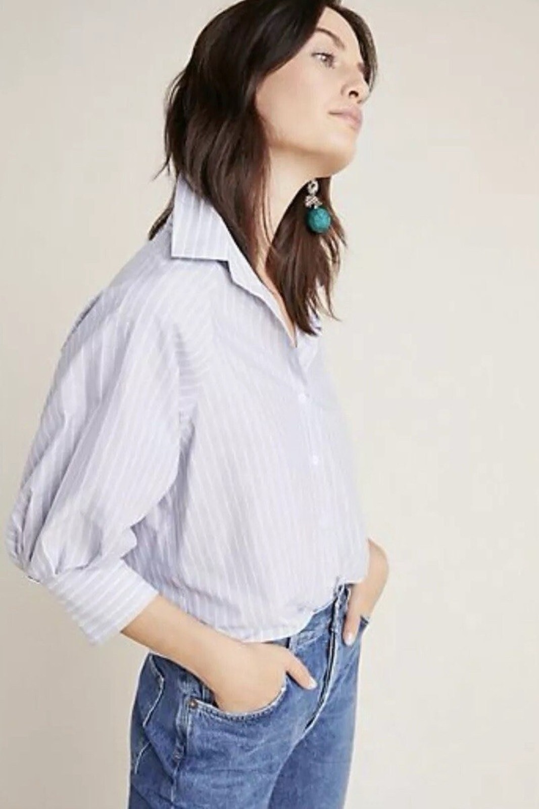 Anthropologie Harshman Gray Striped Buttondown Shirt Blouse Puff Sleeve M